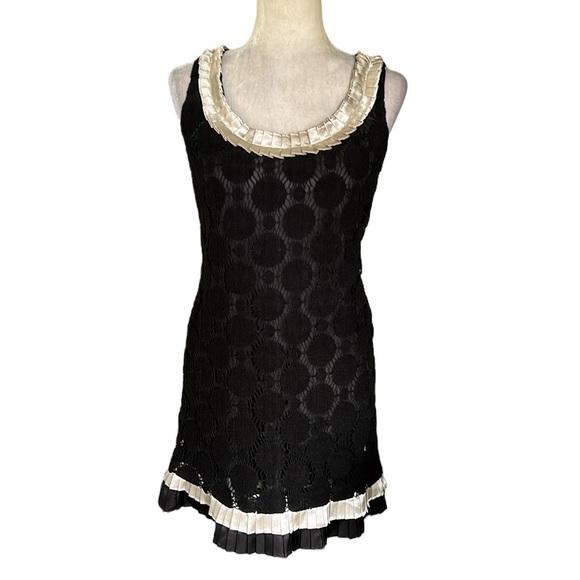 Anthro Nick & Mo Vintage Black Crochet Knit Cream Satin Ruffle Mini Slip Dress S - Picture 1 of 9